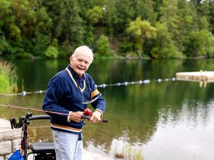 Senior man fishing cascade park adult day health