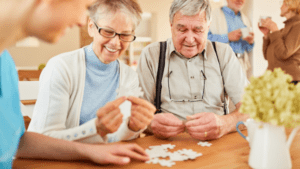 a group of people playing a puzzle