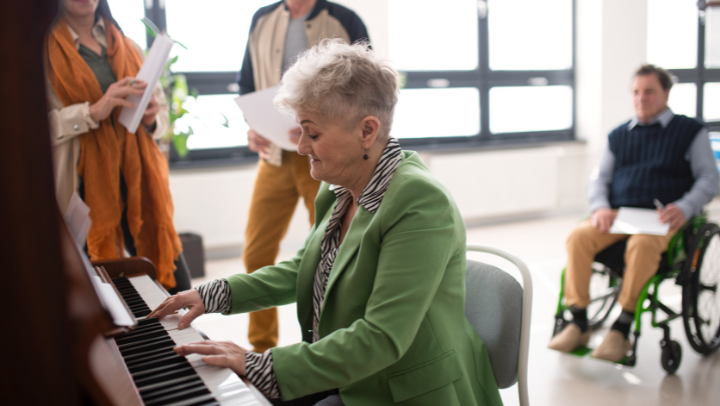 an old lady playing piano